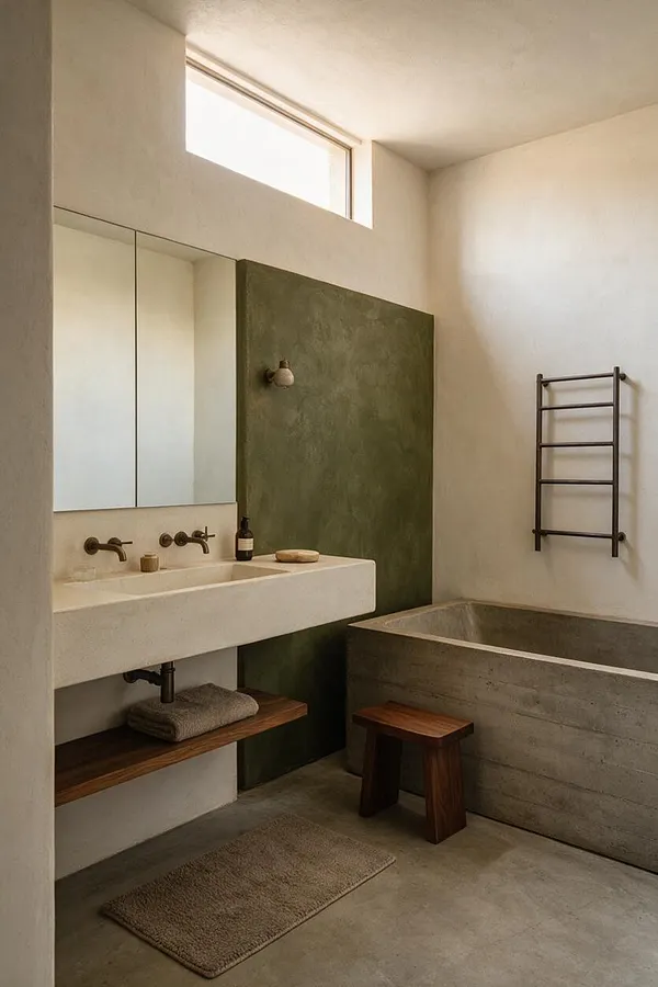 A minimalist master bathroom with a concrete soaking tub, floating stone sink, and olive green plaster accent wall. A narrow clerestory window brings in soft daylight, while dark metal fixtures, a wooden shelf, and a small stool add warmth to the restrained Brutalist design.