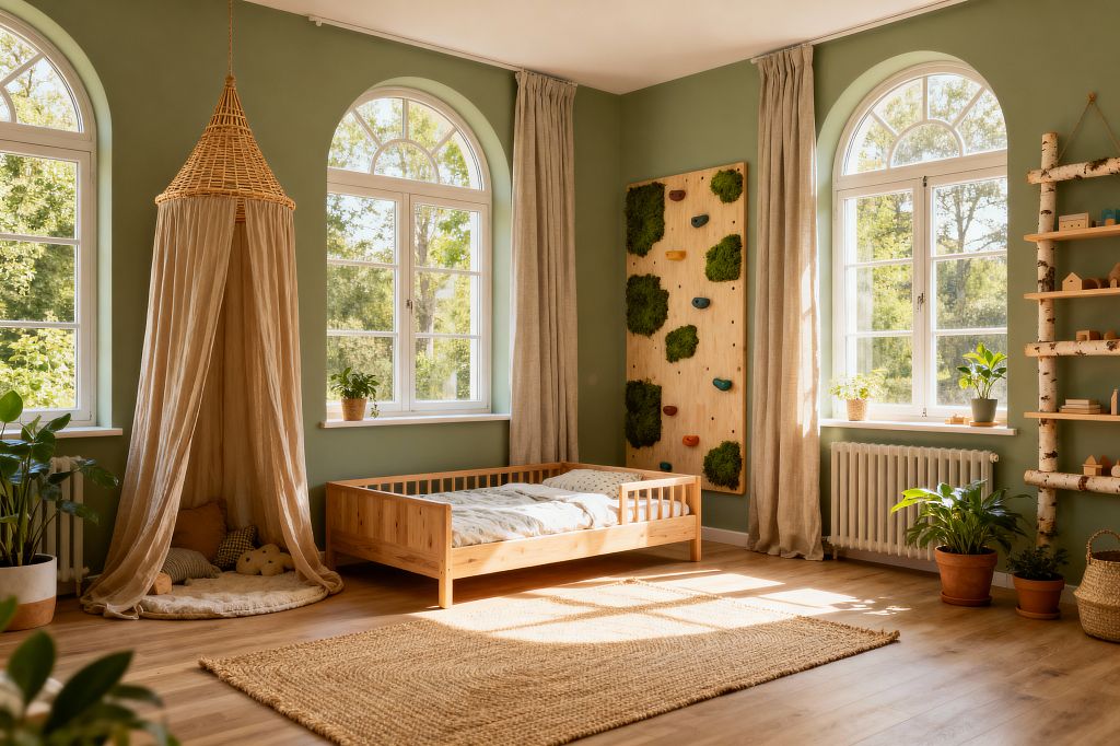 A sunlit children’s room with sage green walls, three arched white-framed windows, and a low natural-wood bed. A woven canopy forms a reading nook with floor cushions, while a plywood climbing wall displays colorful holds and patches of preserved moss. Linen curtains, a braided jute rug, potted plants in terracotta pots, and a birch log shelf add natural texture, with light wood flooring enhancing the biophilic feel.