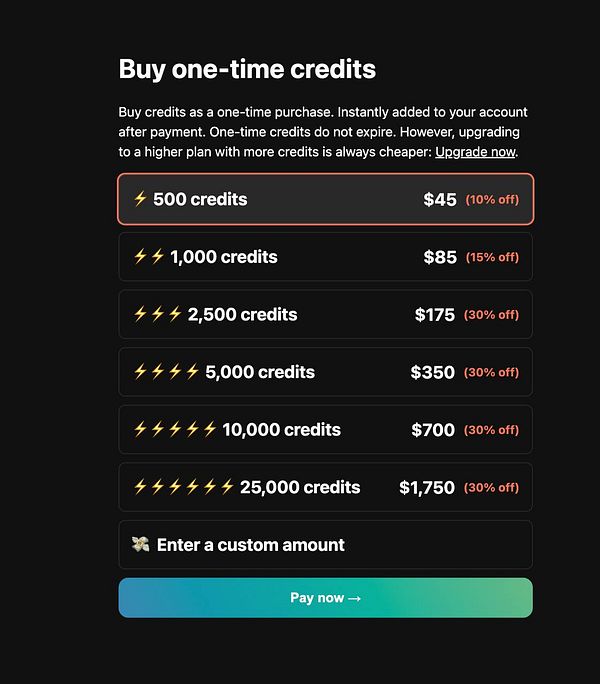 The image displays a pricing interface for purchasing one-time credits.