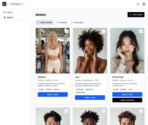 The image displays a user interface for a model selection platform featuring various models with their details.