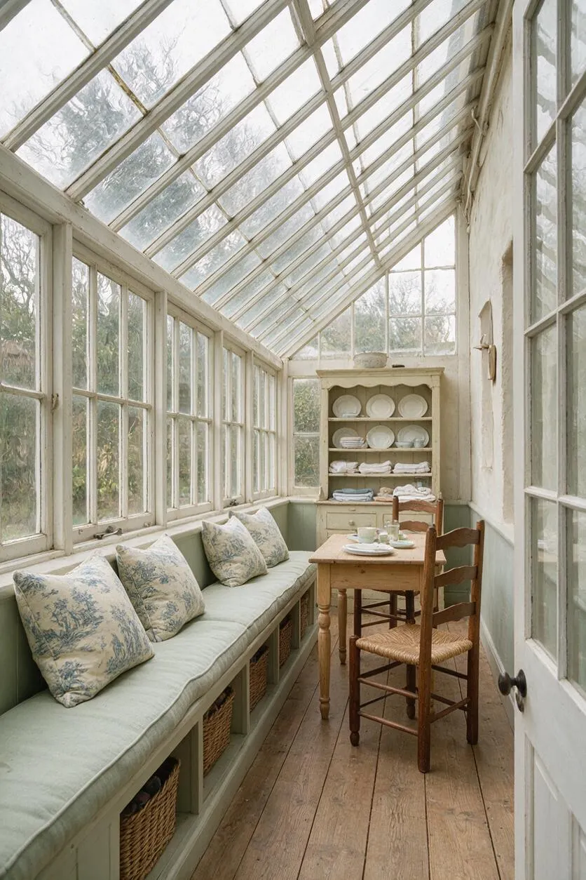 A narrow French Country-style conservatory or backyard sunroom with a sloped glass roof, tall multi-pane windows, and painted wood framing. A built-in bench with pale green cushions and toile pillows runs along one side, while a small rustic table, woven chair, and open hutch with stacked white dishes create a cozy, cottage-like dining nook.