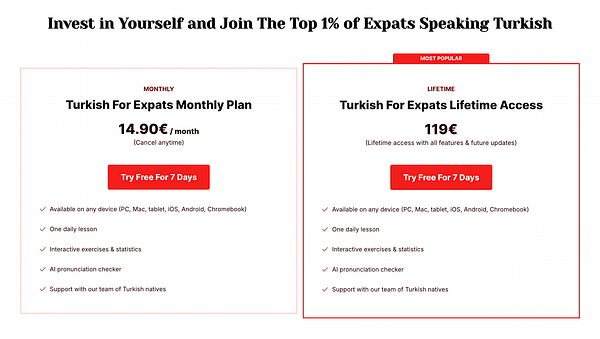 The image displays updated pricing plans for a Turkish language learning program for expats.