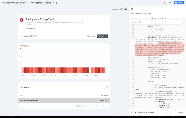 The image displays a structured data error report related to a schema issue for a photo AI service.