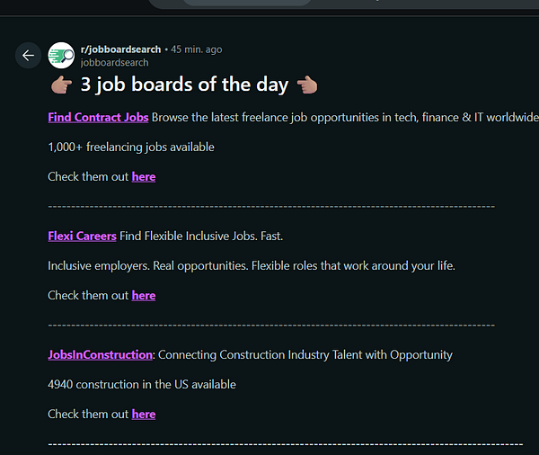 A screenshot of a Reddit post highlighting three job boards for job seekers.