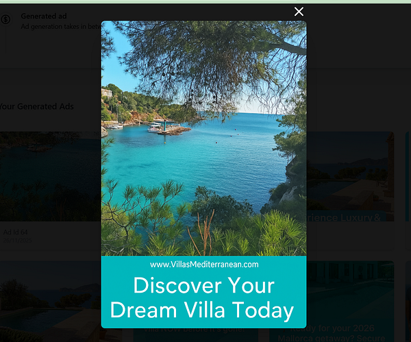 A scenic coastal view featuring turquoise waters and lush greenery, promoting a villa rental website.