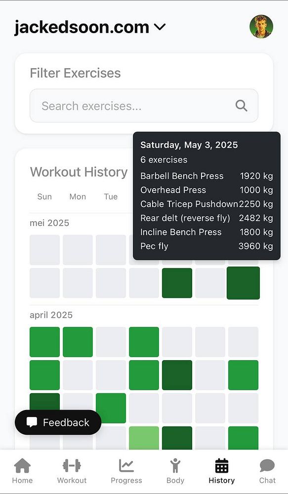The image displays a workout history interface from a fitness tracking website.