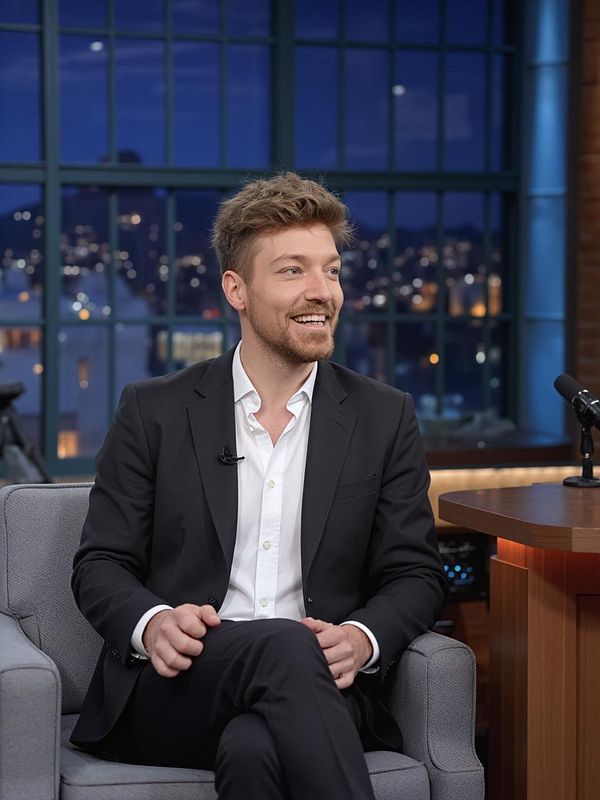 A man in a suit is smiling while seated on a talk show set.