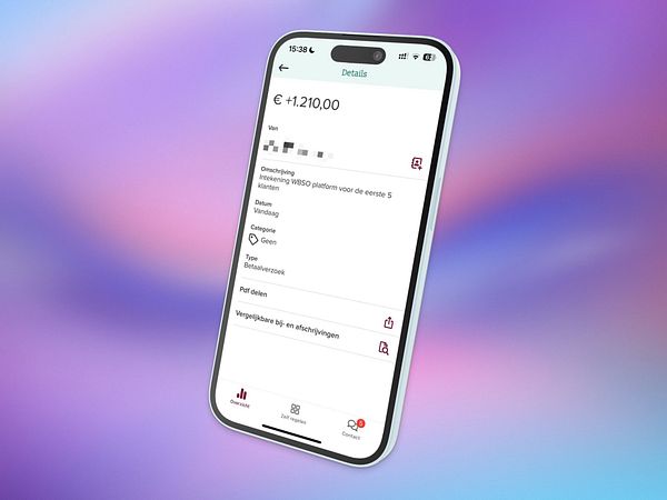 A mobile banking app displays a recent transaction of €1,210.00.