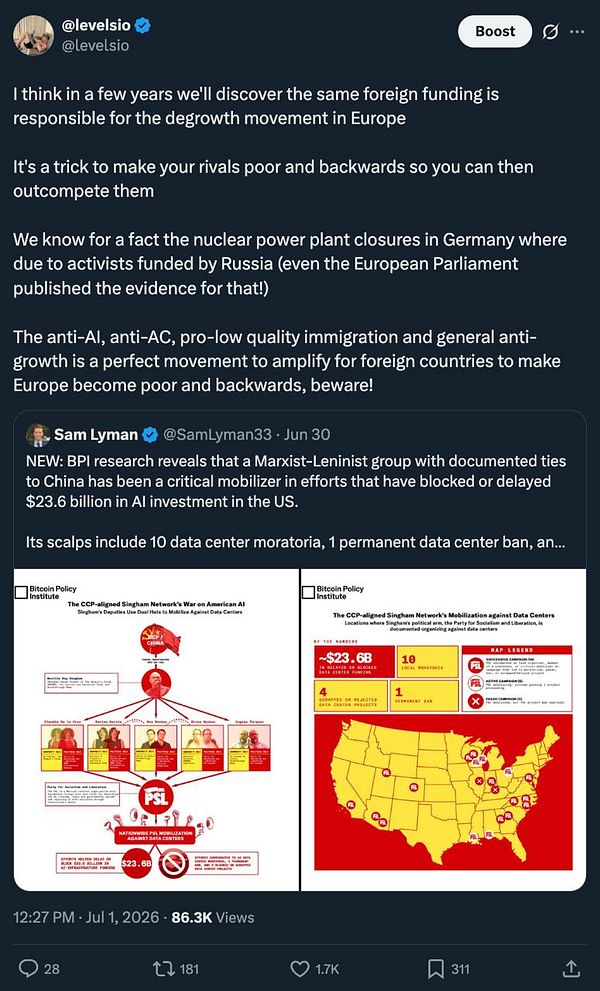 A long Twitter thread by a user named levelsio discussing the theory that degrowth movements are influenced by foreign actors.