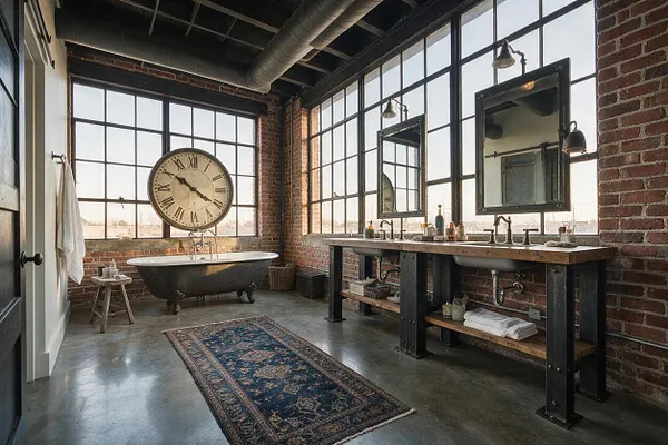 A spacious industrial master bathroom with exposed brick walls, black steel-framed factory windows, and a polished concrete floor. A freestanding black clawfoot tub sits beneath a large round vintage clock, while a long double vanity with wood countertops, open shelving, and black metal supports lines the right wall.
