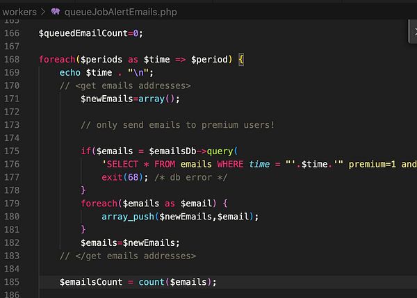 The image displays a code snippet from a PHP file related to job alert email functionality for premium users.