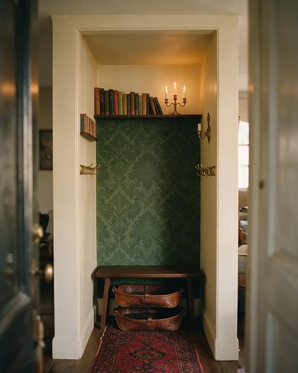 A narrow mudroom nook styled in Dark Academia fashion, with green damask wallpaper, cream trim, a dark wood bench, stacked leather bags, brass coat hooks, a small shelf of vintage books, and a brass candle sconce casting a warm glow. A patterned red runner anchors the entryway.