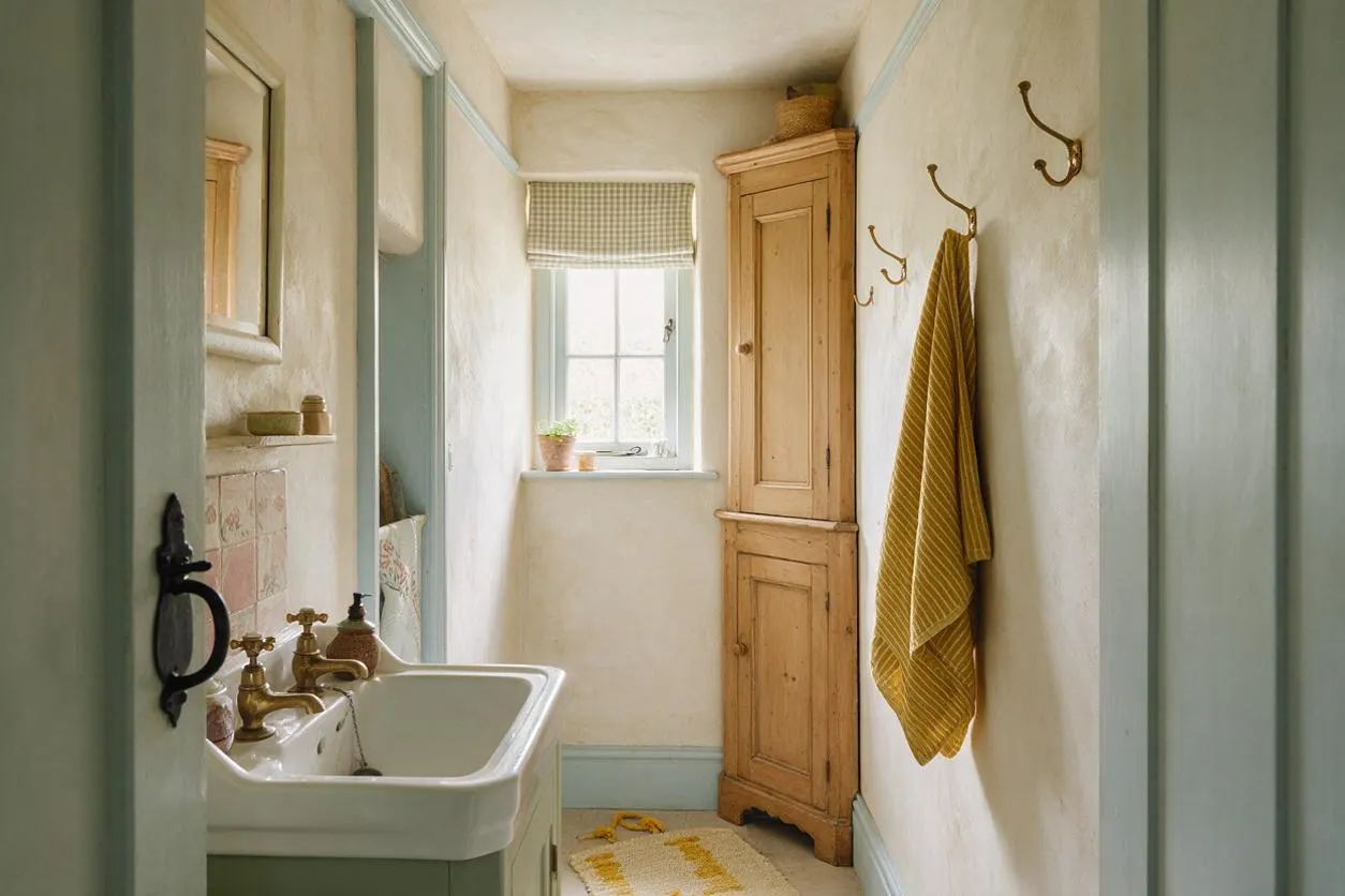 A narrow cottagecore powder room with a white ceramic sink, brass faucets, and pale painted walls with light blue trim. A tall natural wood cabinet, brass wall hooks with a mustard towel, a small checked window shade, and a woven rug add cozy rustic charm.
