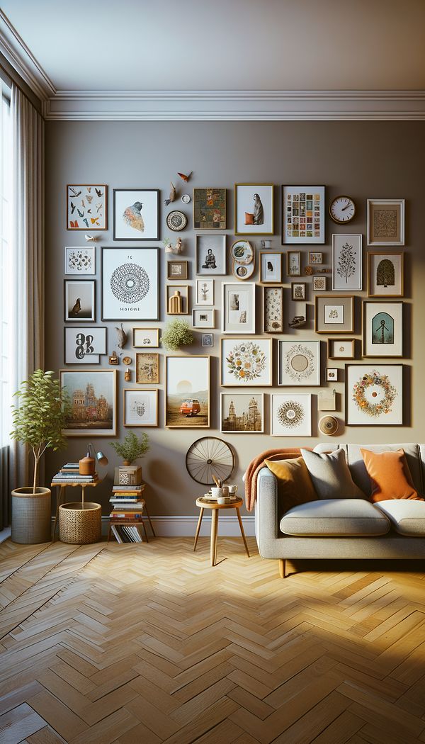 A cozy living room corner showcasing a gallery wall with an eclectic mix of framed artworks, photographs, and objects hung against a neutral colored wall. The scene should exude warmth and personal style.