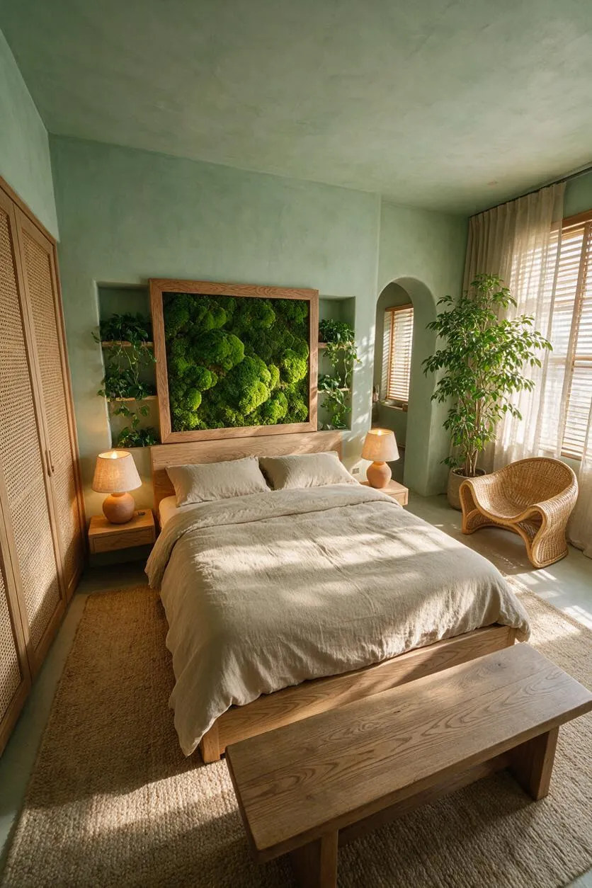 A serene master bedroom with a low wooden bed dressed in beige linen bedding, centered beneath a framed moss wall art piece. The room features pale green walls, woven wood closet doors, rattan furniture, potted plants, and soft sunlight filtering through sheer curtains and blinds.