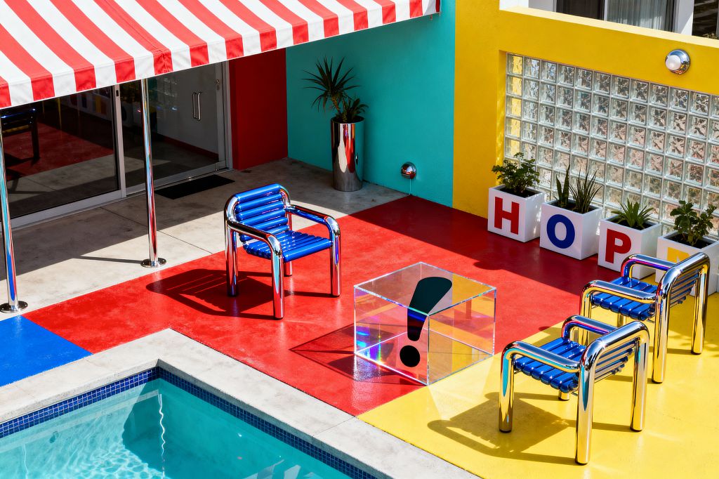 A poolside patio is color-blocked in glossy red, yellow, and blue painted concrete, furnished with chrome-tube chairs that have cobalt slat seats around a clear acrylic cube table marked with a black exclamation point. A red-and-white striped awning shades aluminum sliding doors; adjacent turquoise and canary walls feature round sconces, a glass-block window, and white planters spelling HOPE beside a stainless planter with a small palm.