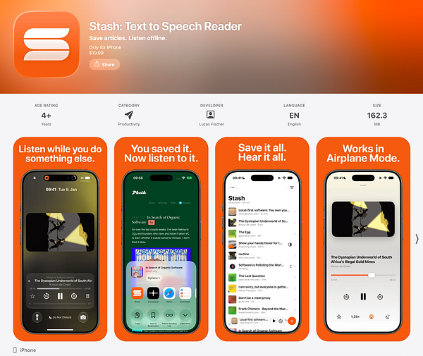 App Store page for Stash: Text to Speech Reader showing app details and feature highlights on iPhone screens.