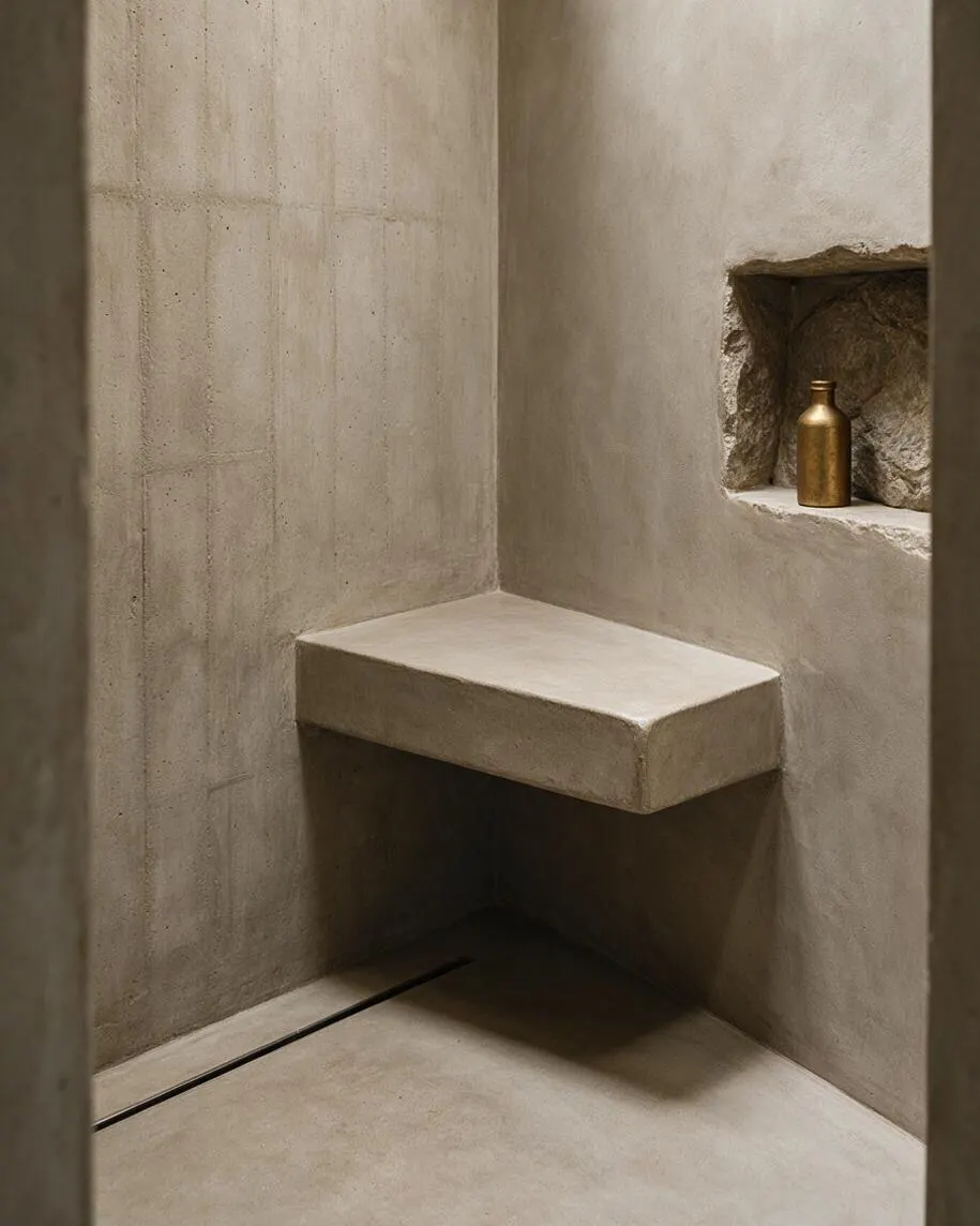 A compact Brutalist-style interior with smooth beige concrete walls and floor, featuring a cantilevered concrete bench and a rough stone niche inset into the wall. A small brass bottle sits in the niche, adding a warm metallic contrast to the otherwise monolithic, minimal space.