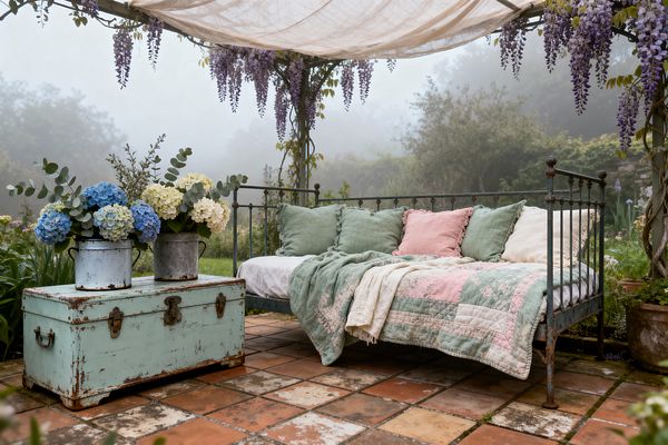 An outdoor patio with terracotta tiles features a vintage wrought-iron daybed dressed in white bedding, a pastel patchwork quilt, and sage and blush linen pillows. A gauzy canopy hangs from a pergola draped with purple wisteria. In front sits a distressed aqua trunk used as a table, holding galvanized pots filled with blue and cream hydrangeas and eucalyptus. Soft fog and lush greenery surround the romantic, shabby chic setting.