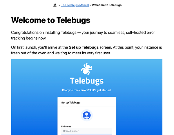 The image displays the 'Welcome to Telebugs' setup screen for a software application.