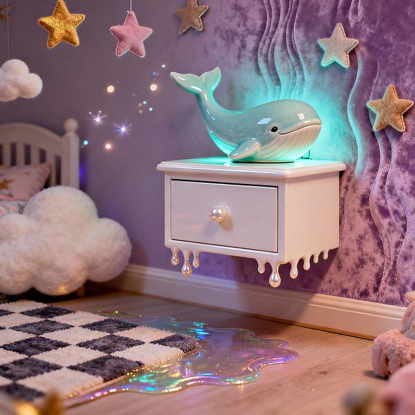A whimsical kids’ room features a lavender textured wall with wavy relief and felt star accents. A glossy white floating nightstand with a pearl knob appears to melt at the edges, topped by a glowing mint whale lamp. On the pale oak floor, a plush gray-and-cream checker rug sits beside an iridescent, puddle-like accent, while plush clouds and tiny sparkles create a dreamy, surreal atmosphere near a small white bed.