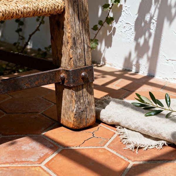 Close-up of a French country patio corner with warm terracotta hexagon tiles, one showing a hairline crack. A weathered wooden stool leg is banded by rusted iron with rivets, supporting a braided natural-fiber seat. Sunlight creates lattice shadows across a white textured plaster wall, trailing ivy, and a fringed beige linen cloth on the floor. A small sprig of olive leaves rests on the fabric, enhancing the relaxed, timeworn Mediterranean feel.