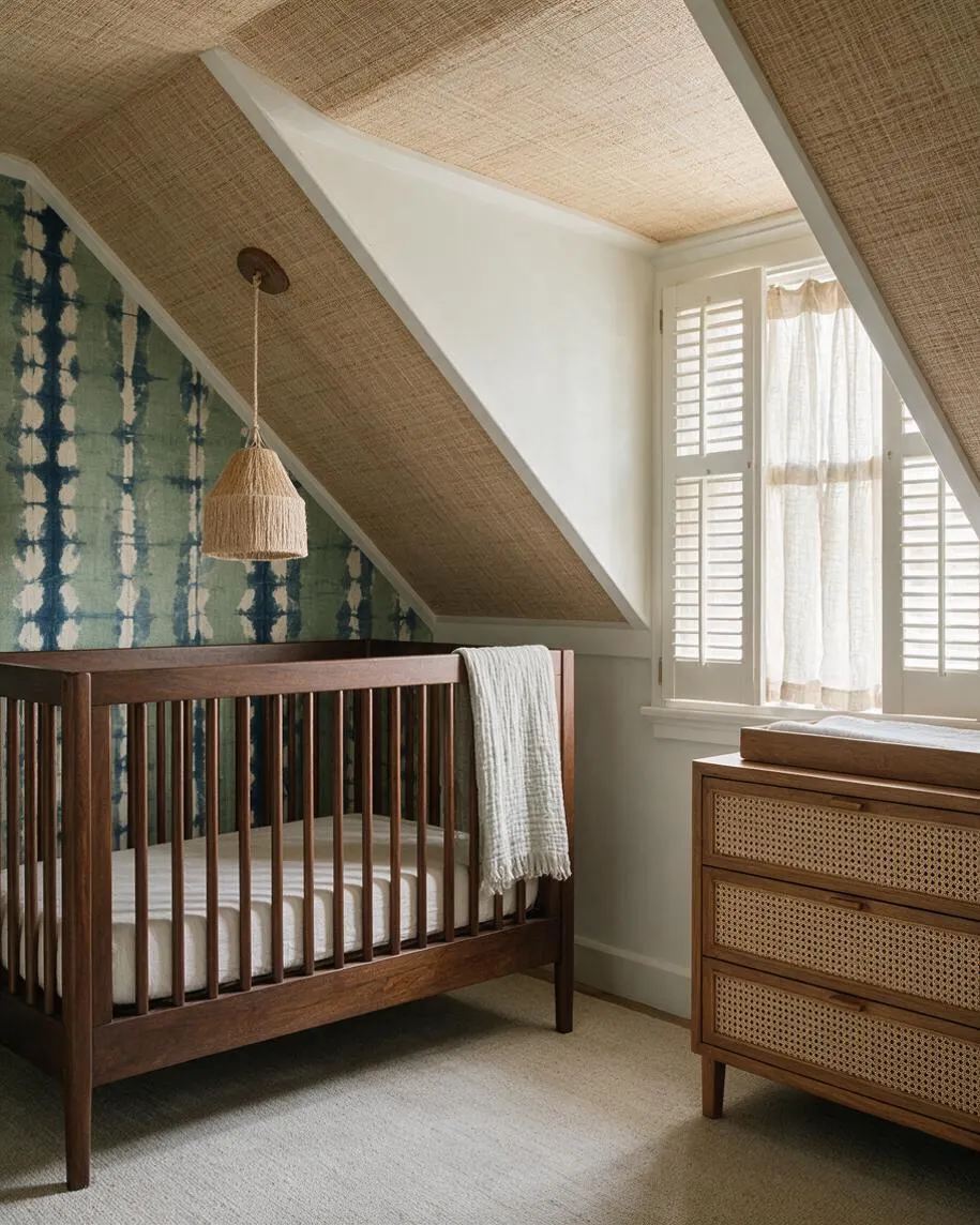 A tropical-style nursery with a dark wood crib, woven pendant light, and cane-front dresser beneath a sloped ceiling covered in natural textured wallpaper. The back wall features blue-green patterned wallpaper, and a window with white shutters and sheer curtains fills the room with soft daylight.
