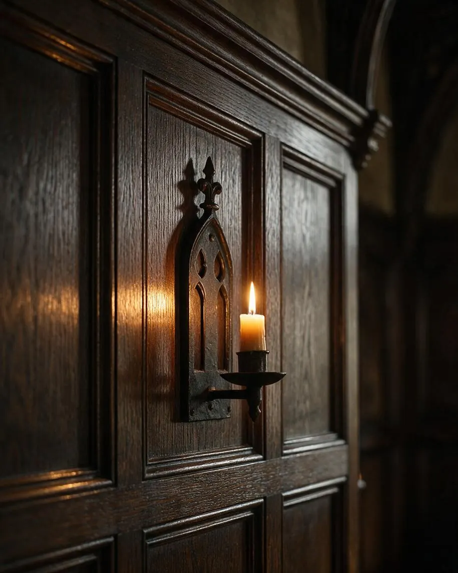 A close-up of a dark stained wood paneled wall with carved Gothic-style trim and a small black metal wall sconce. A single candle flame casts a warm glow across the rich wood grain, creating a moody, historic atmosphere.