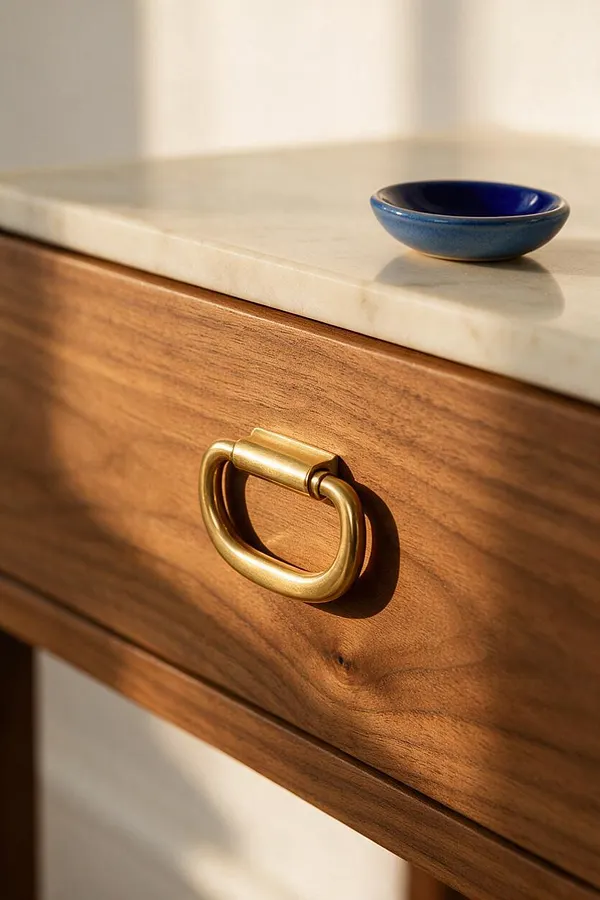 A close-up of a warm walnut cabinet front with a centered brass ring pull beneath a pale stone top. A small cobalt blue dish sits on the countertop, adding a bold accent against the soft neutral background.