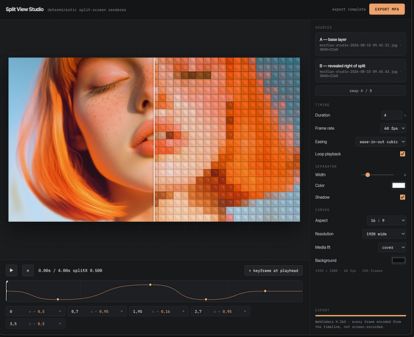Screenshot of a web-based Vibe code split-view animation tool interface showing a side-by-side video effect editor.