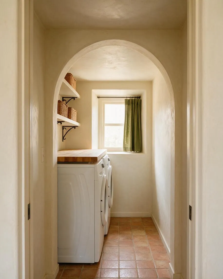 A narrow Mediterranean-style laundry room with a soft stucco-like finish, a rounded archway, terracotta tile flooring, and white washer and dryer units along one side. Open shelves with woven baskets and a wood countertop add warmth, while a small window with an olive-green curtain brings in natural light.