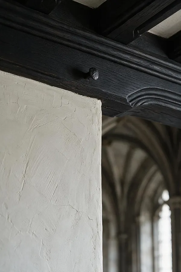 A close-up of a Gothic-inspired interior detail showing a black-painted timber beam with carved trim and a metal peg above a white textured plaster column. In the blurred background, pointed Gothic arches and tall openings suggest a vaulted church or historic hall.