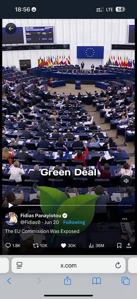 The image captures a session in the European Parliament with members discussing the Green Deal.