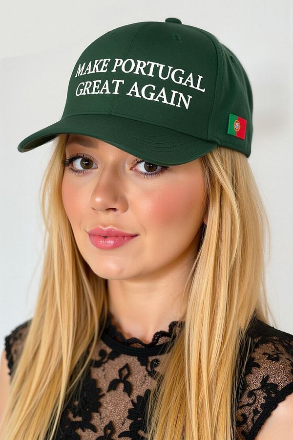 A woman models a green cap with the phrase 'MAKE PORTUGAL GREAT AGAIN' and a small Portuguese flag.