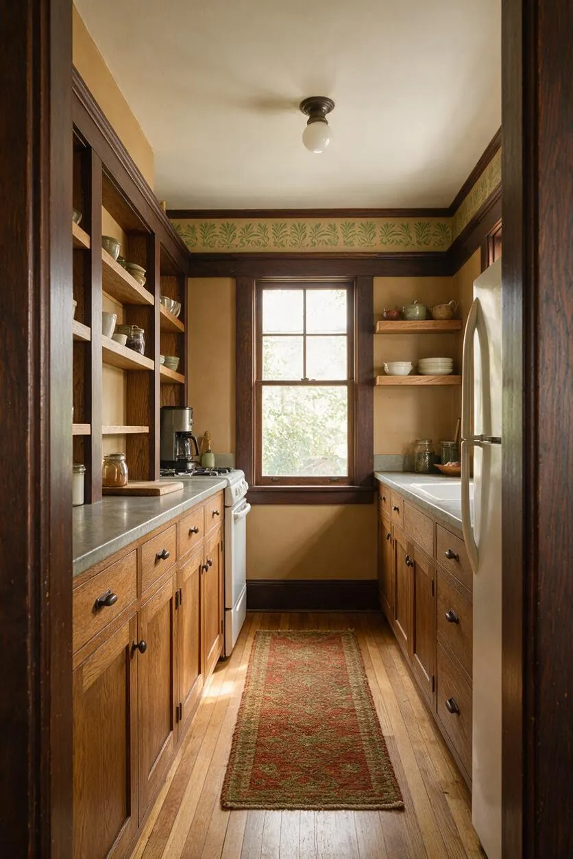 A narrow Craftsman-style kitchen with wood cabinets on both sides, open shelving, a central window, and a runner rug on the hardwood floor. The space features warm tan walls, dark wood trim, a light countertop, and a simple ceiling light.