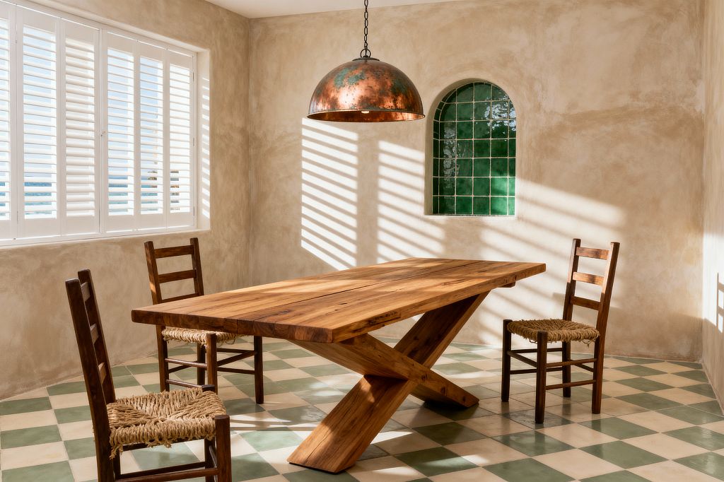 A sunlit coastal dining room with a thick, solid-wood table on an X-shaped base and three wooden ladder-back chairs with woven rush seats. White plantation shutters cast striped light across sandy limewash walls, a sage-and-cream checkerboard tile floor, a domed copper pendant with verdigris, and an arched niche lined in glossy emerald green tiles.