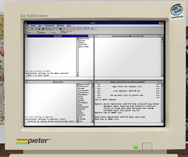 The image displays a retro computer screen running the mIRC chat application with multiple chat windows open.