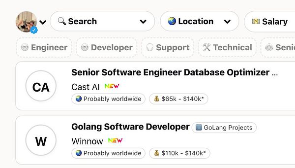 The image displays a job listing interface featuring two software engineering positions.