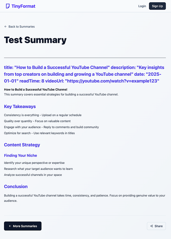 The image displays a summary page from TinyFormat detailing strategies for building a successful YouTube channel.
