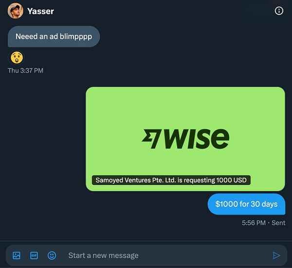 A chat conversation discussing the need for an advertising blimp and a financial request.