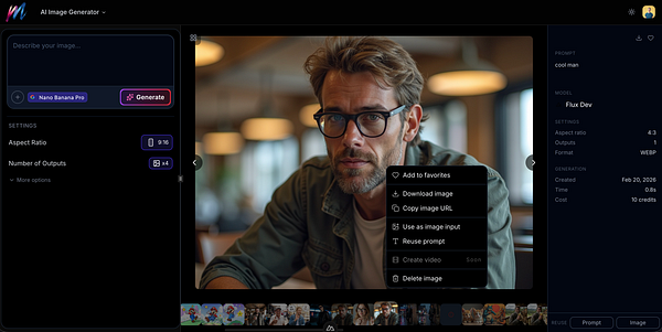Screenshot of an AI image generator web interface displaying generated artwork with options to modify and generate images.