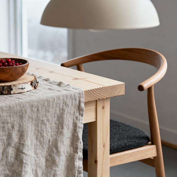 Close-up of a Scandinavian dining scene with a pale pine table featuring a subtly textured end edge and a wrinkled oatmeal linen runner. A walnut bowl of red berries sits on a birch wood slice centerpiece. Beside the table is a curved-back oak chair with a charcoal wool-felt seat. Above, a large matte cream dome pendant hangs, while soft daylight from a nearby window illuminates light neutral walls.