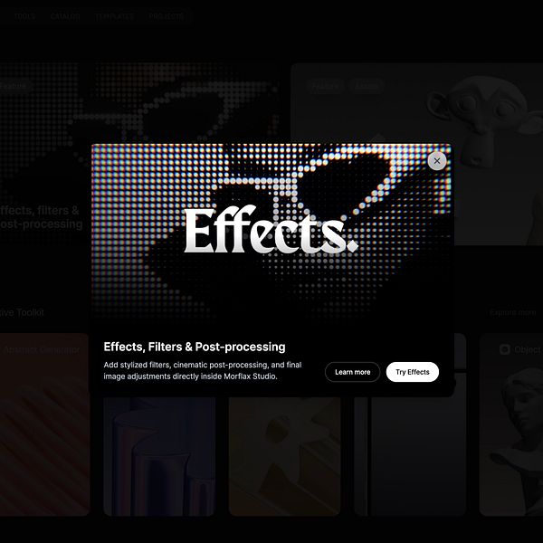 A dark-themed modal UI for Morflax Effects 2.0 featuring a visual effects logo, navigation buttons, and an action button.