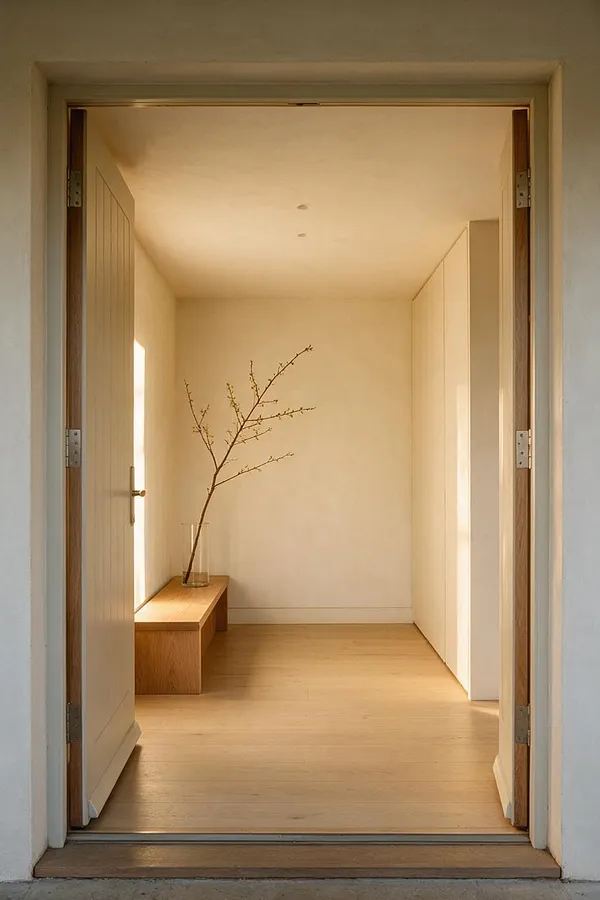 A minimalist entryway with pale wood flooring, white walls, and a simple wooden bench along the left side. A slender branch arrangement in a clear glass vase adds an organic accent, while built-in white storage lines the right wall and warm natural light softens the space.