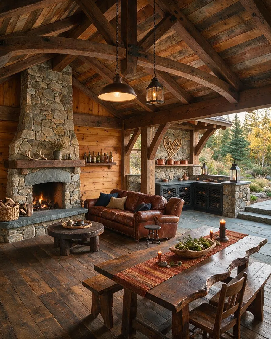 A covered rustic backyard patio with a timber سقoped roof, exposed wooden beams, and a large stone fireplace with a burning fire. The space includes a leather sofa, a chunky wood coffee table, a long dining table, lantern lighting, and a built-in outdoor bar against a backdrop of trees and landscaped grounds.