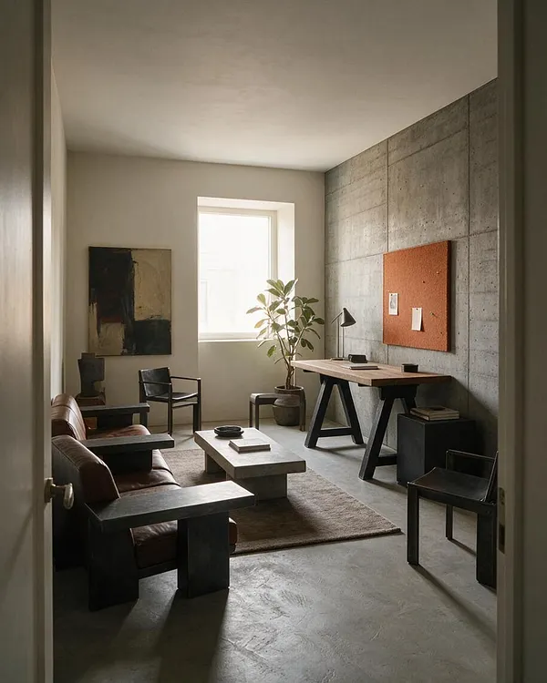 A minimalist home office with a raw concrete feature wall, a light wood desk on black angular trestle legs, and a cork bulletin board above it. The room includes a brown leather sofa, black accent chairs, a low rectangular coffee table, a potted plant near a bright window, and a muted neutral palette.