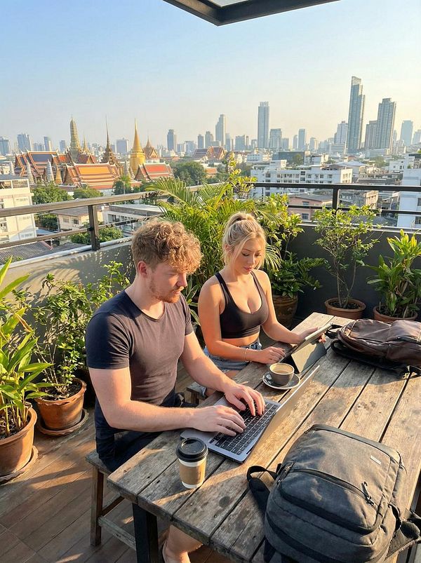 A man and a woman work on a rooftop terrace with a city skyline in the background.