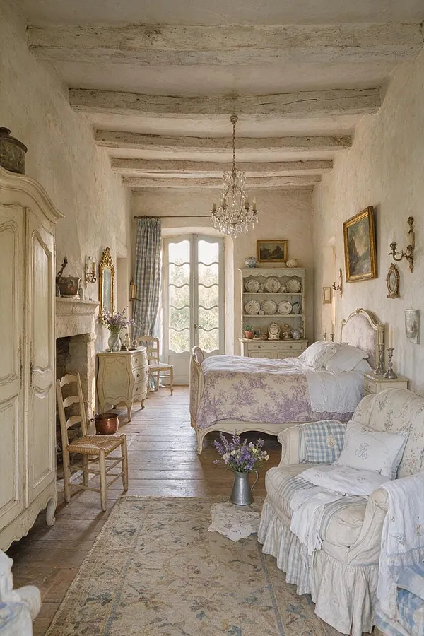 A narrow French Country master bedroom with whitewashed plaster walls, exposed wood ceiling beams, and a crystal chandelier. The room includes an ornate painted armoire, carved bed with lavender floral bedding, a shabby chic armchair, antique-style side tables, framed artwork, a fireplace, and a pale floral rug over wood floors.