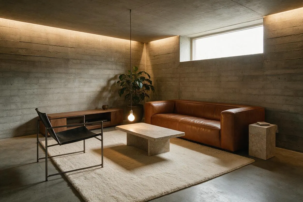 A minimalist living room with raw concrete walls and ceiling, a long tan leather sofa, a black metal lounge chair, and a rectangular stone coffee table on a light textured rug. Warm cove lighting, a narrow horizontal window, and a potted plant soften the stark brutalist interior.