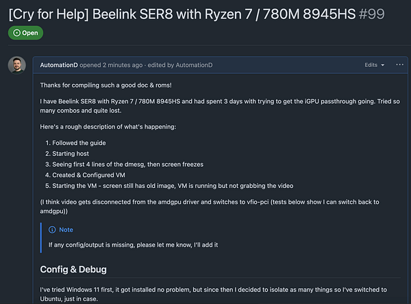A GitHub issue post detailing problems with GPU passthrough on a Beelink SER8 device.